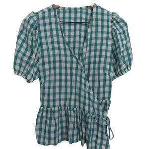 LOFT Women Sz S Teal White Gingham Plaid Surplice V Neck Wrap Blouse Puff Sleeve